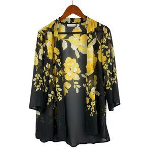 Susan Graver Sheer Floral Kimono Cardigan Jacket XS Black & Yellow